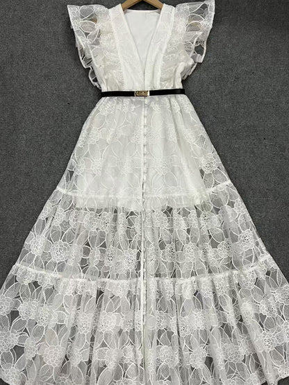 Pleated Mesh Solid Elegant Long Dress