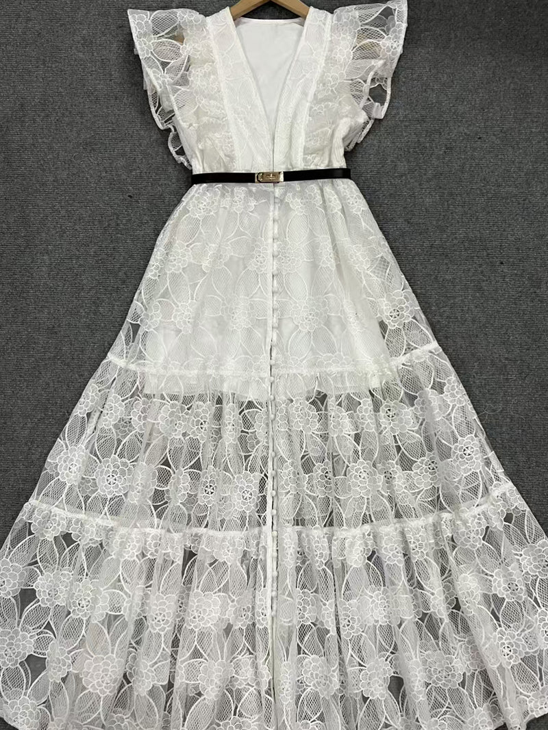 Pleated Mesh Solid Elegant Long Dress