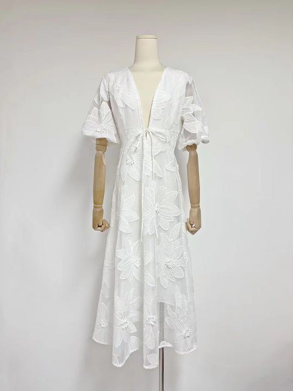 Mesh Patchwork Flower V-neck Long Dress
