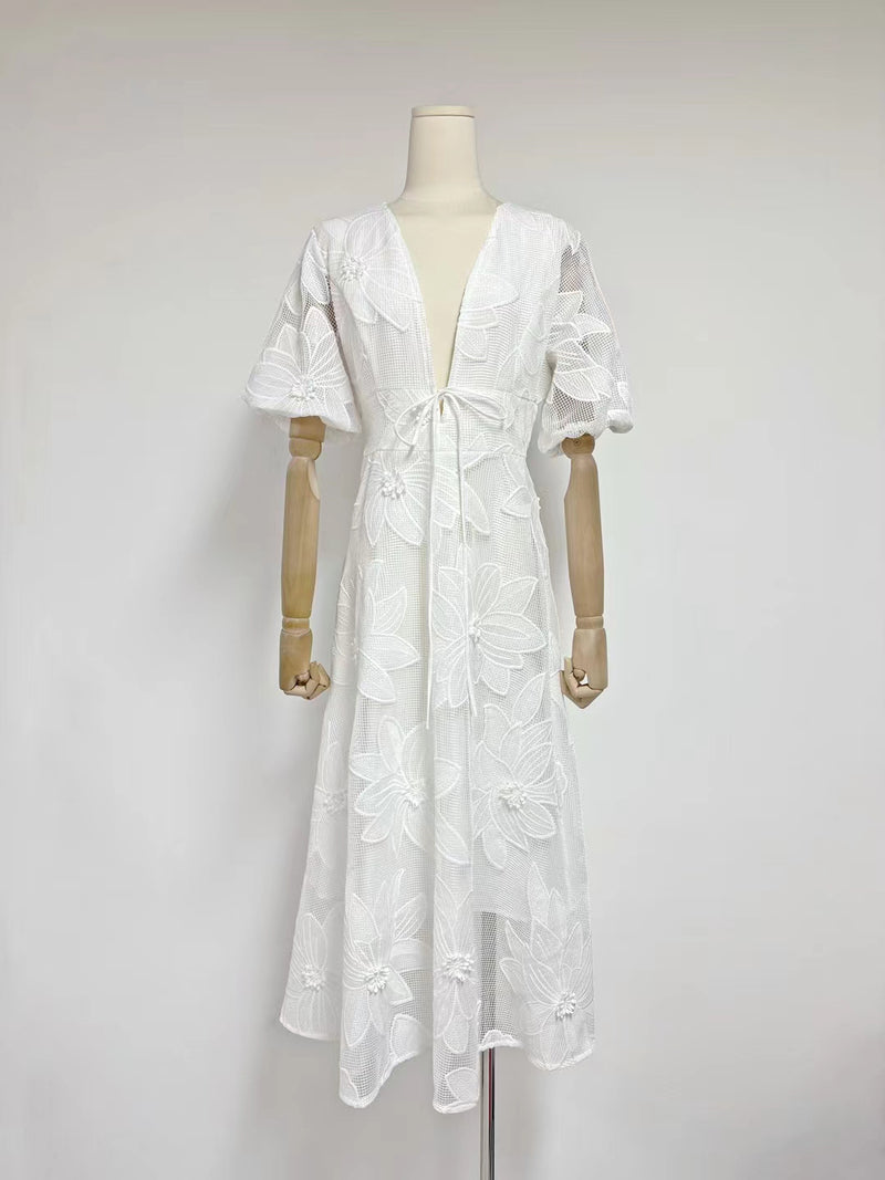 Mesh Patchwork Flower V-neck Long Dress