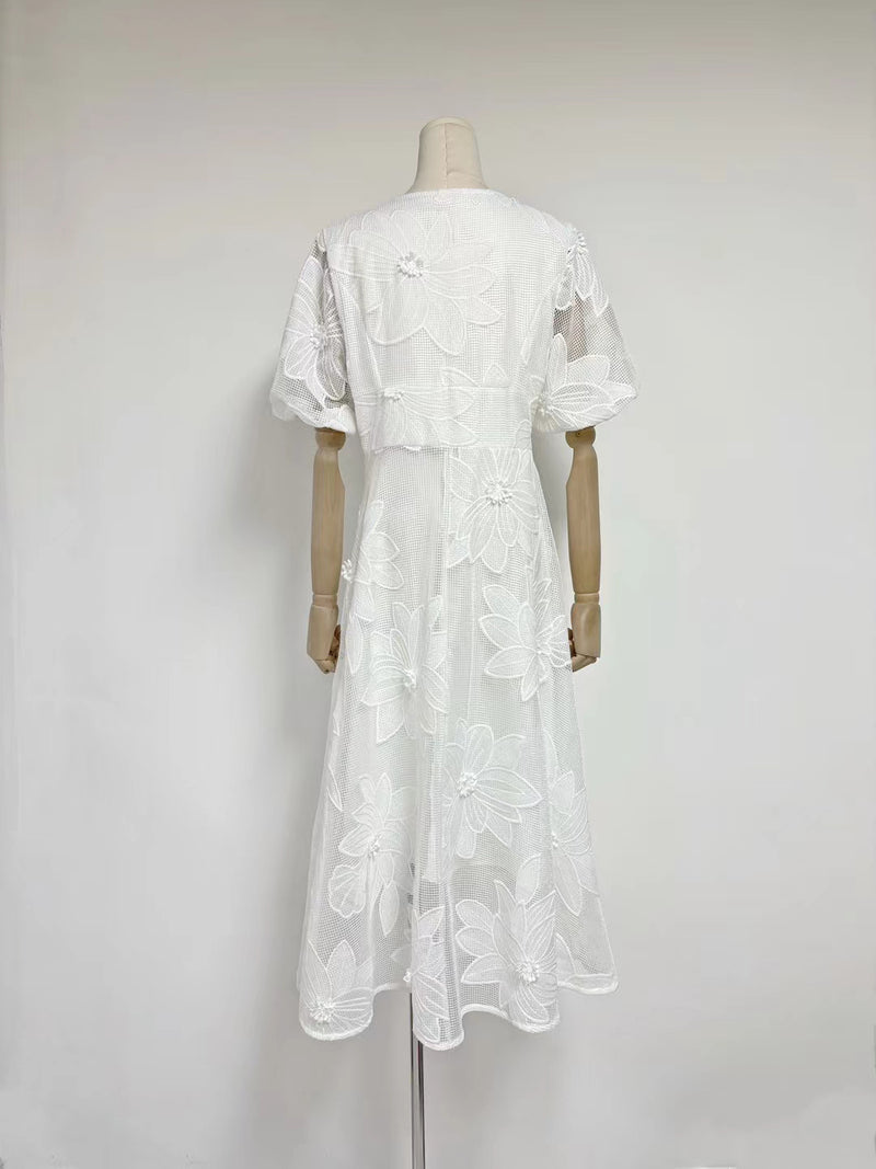 Mesh Patchwork Flower V-neck Long Dress