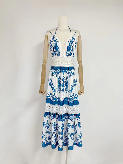 Elegant Patchwork V-neck Long Dress