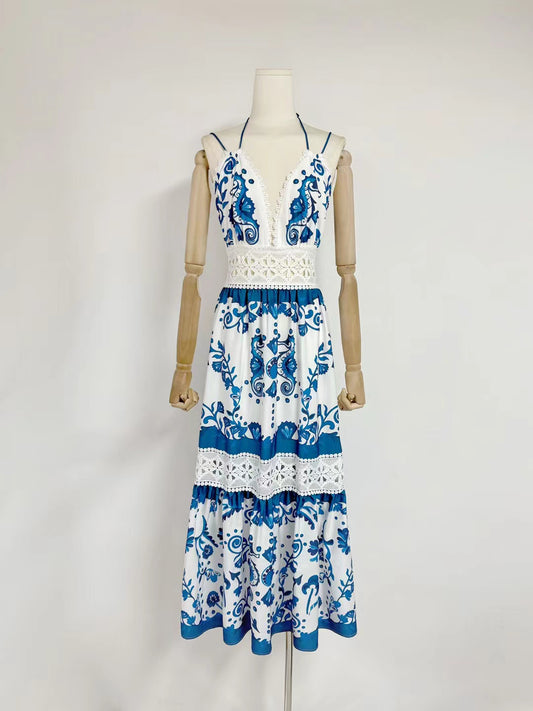 Elegant Patchwork V-neck Long Dress