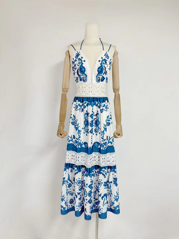 Elegant Patchwork V-neck Long Dress