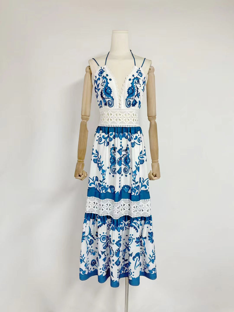 Elegant Patchwork V-neck Long Dress