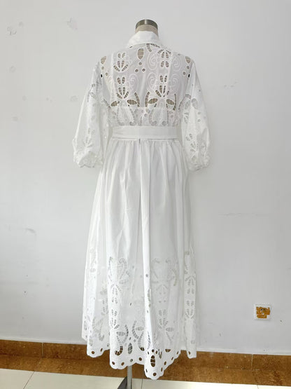 Elegant Solid Hollow Out Midi Dress
