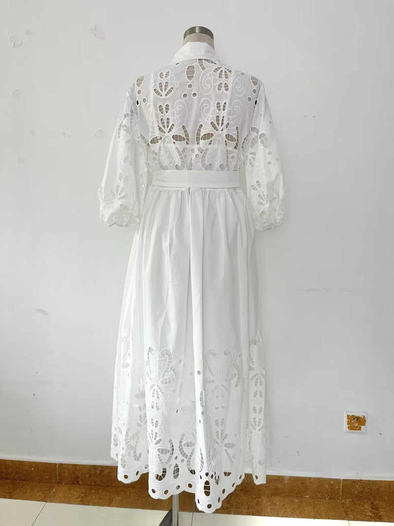 Elegant Solid Hollow Out Midi Dress