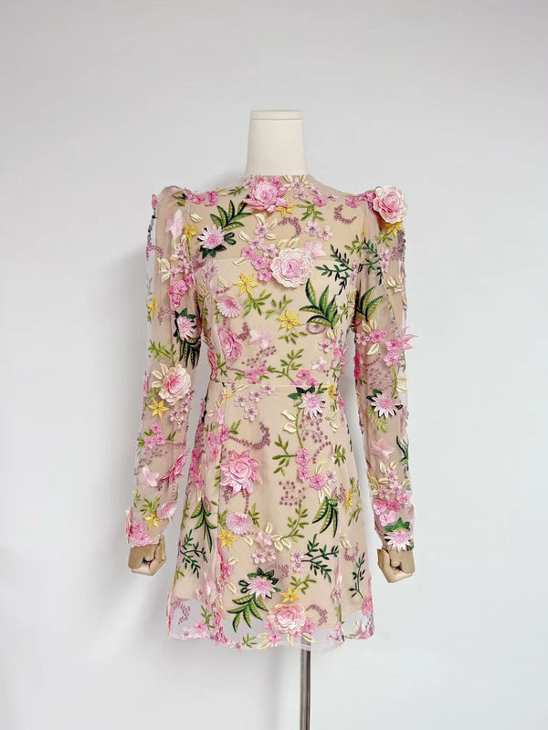 Mesh Patchwork Flower Short Dress