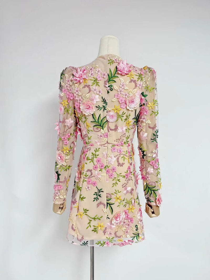 Mesh Patchwork Flower Short Dress