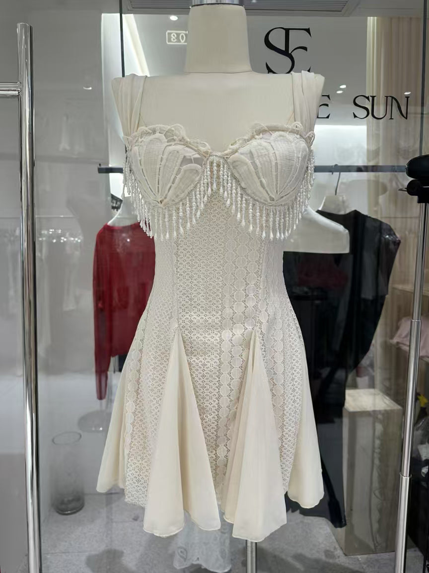Patchwork Pearls Mesh Mini Dress