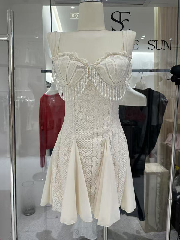 Patchwork Pearls Mesh Mini Dress