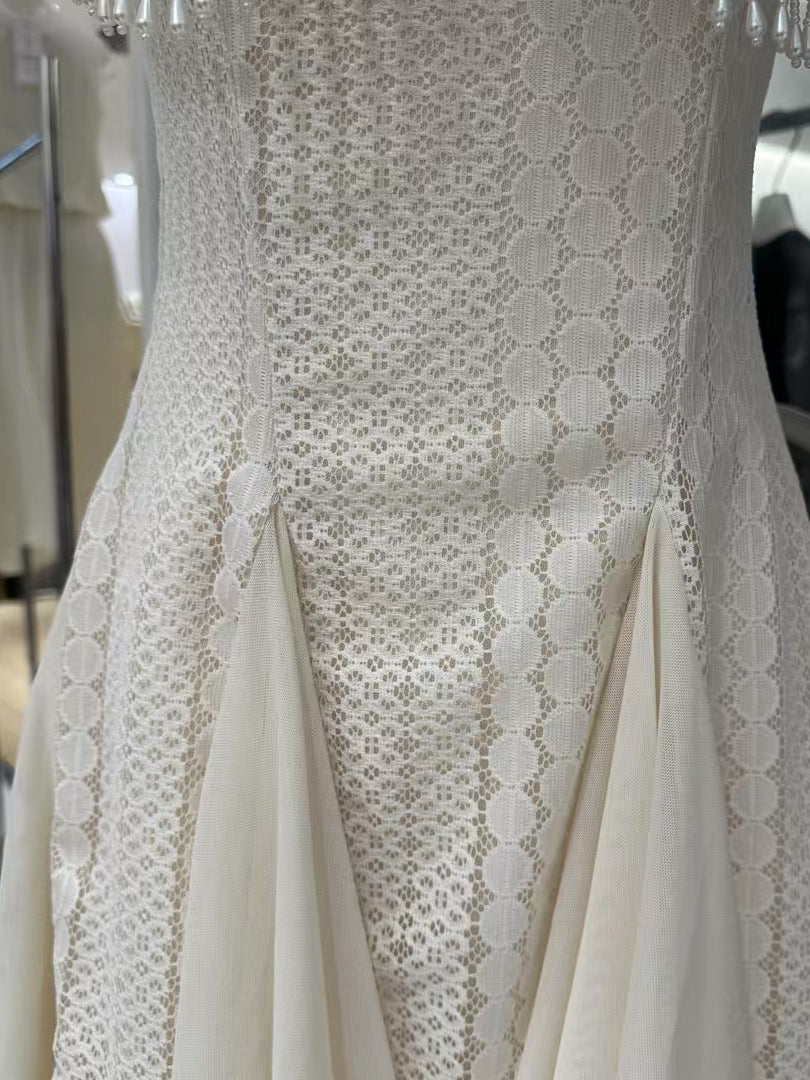 Patchwork Pearls Mesh Mini Dress