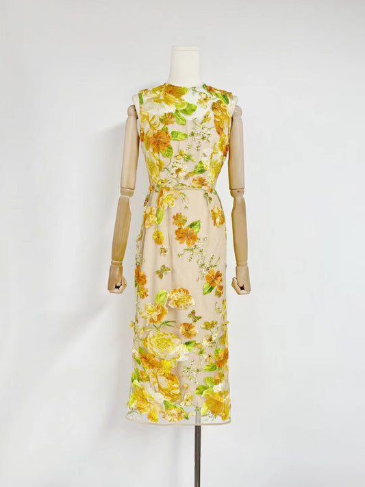 Patchwork Flower Sleeveless Long Dress