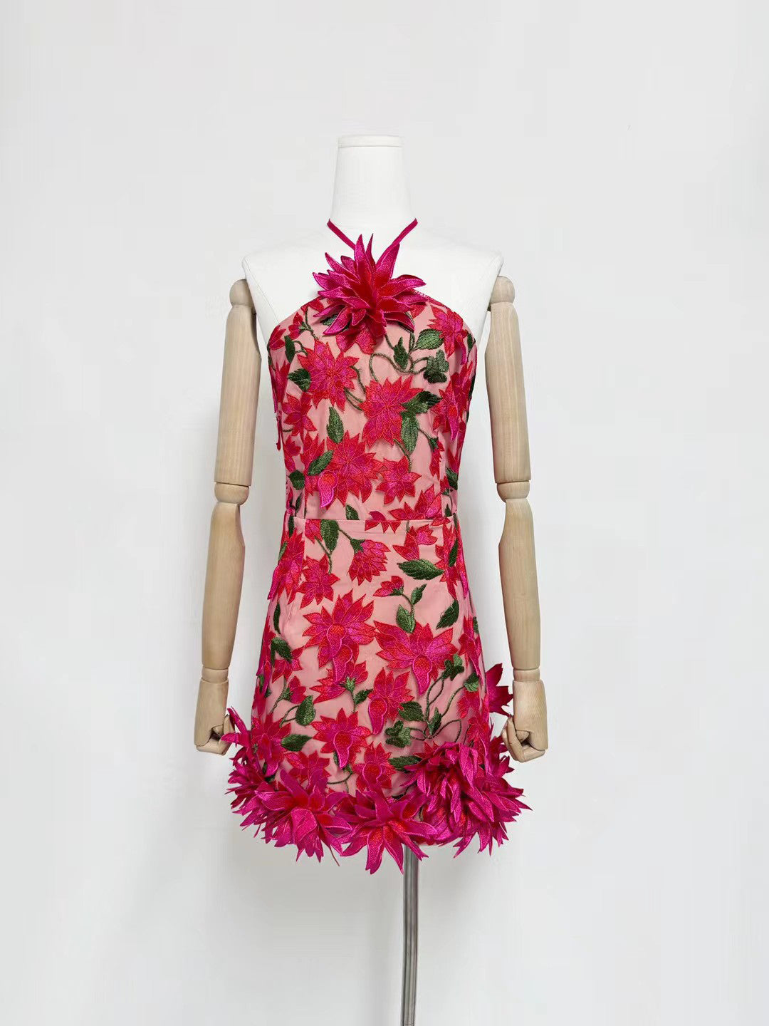 Hanging Neck Patchwork Flower Short Dress