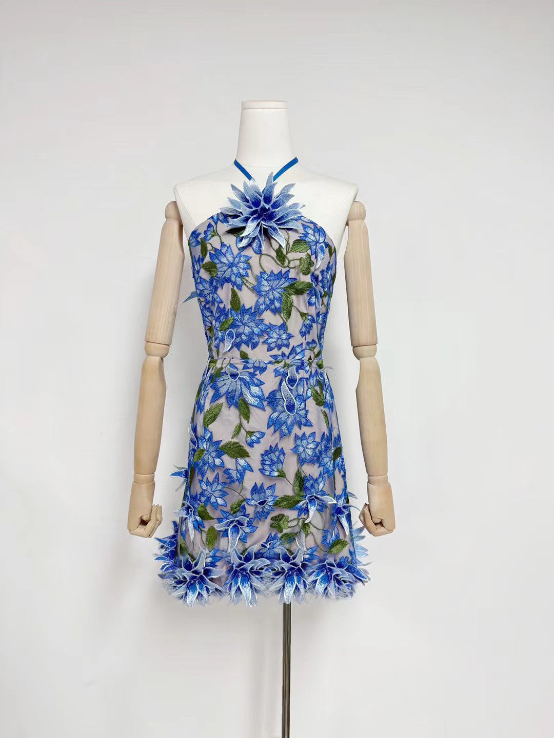 Hanging Neck Patchwork Flower Short Dress