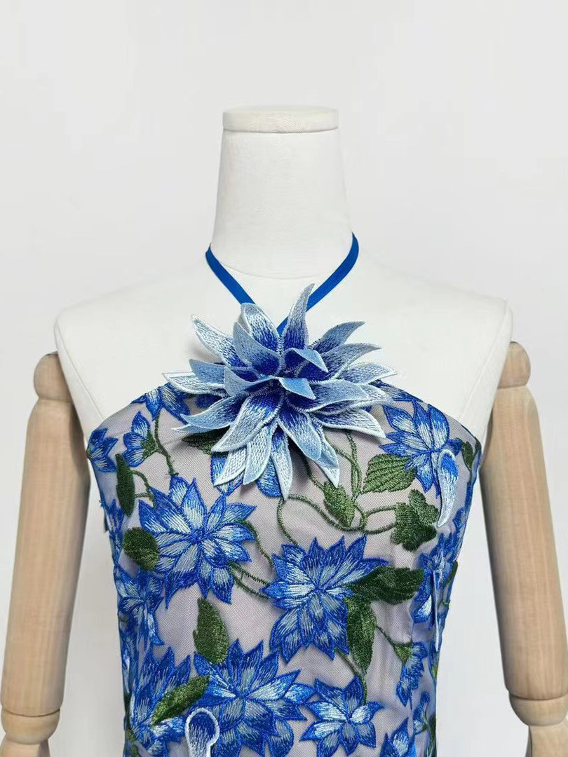 Hanging Neck Patchwork Flower Short Dress