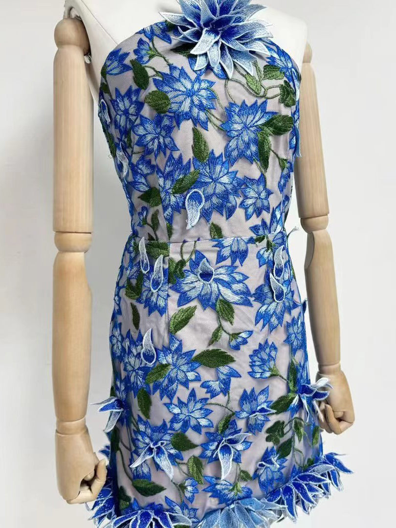Hanging Neck Patchwork Flower Short Dress
