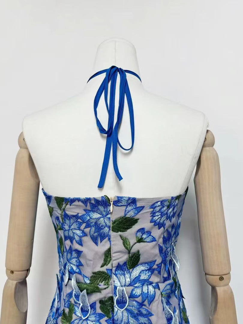 Hanging Neck Patchwork Flower Short Dress