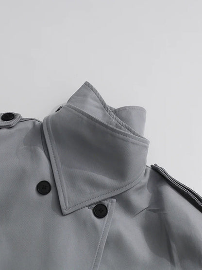 Modern Gray Double - Breasted Trench Coat with Belt - SISPELL