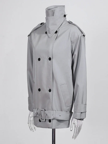Modern Gray Double - Breasted Trench Coat with Belt - SISPELL