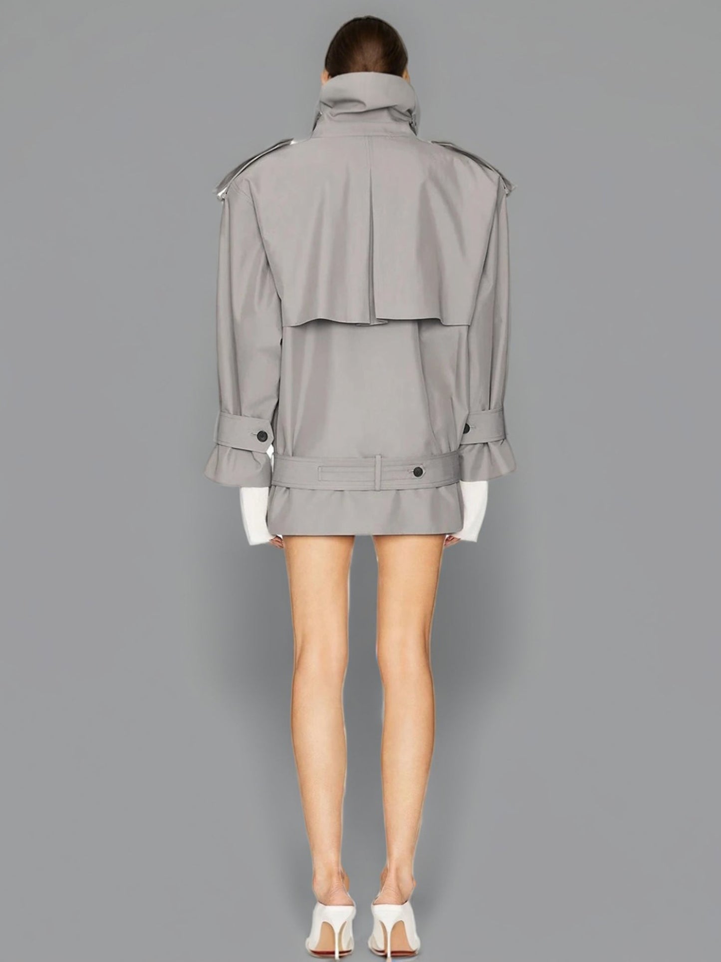 Modern Gray Double - Breasted Trench Coat with Belt - SISPELL