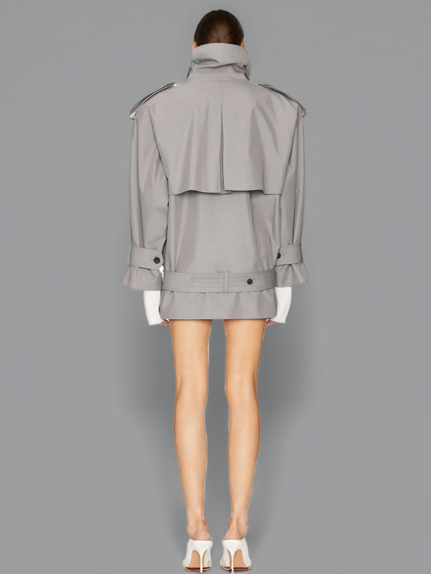 Modern Gray Double - Breasted Trench Coat with Belt - SISPELL