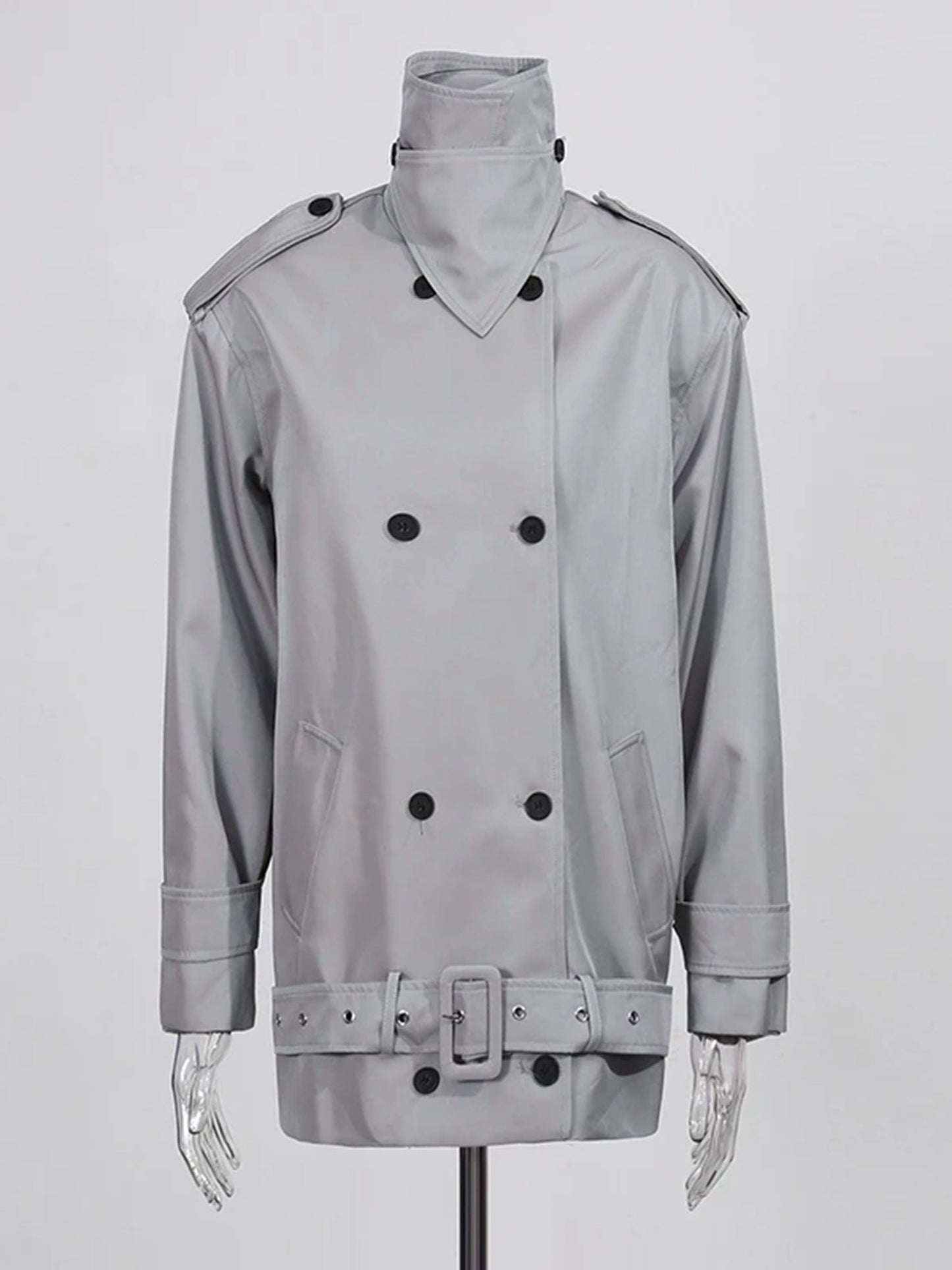 Modern Gray Double - Breasted Trench Coat with Belt - SISPELL