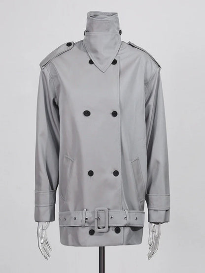 Modern Gray Double - Breasted Trench Coat with Belt - SISPELL