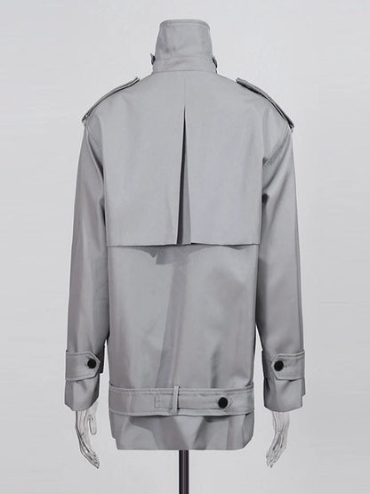 Modern Gray Double - Breasted Trench Coat with Belt - SISPELL