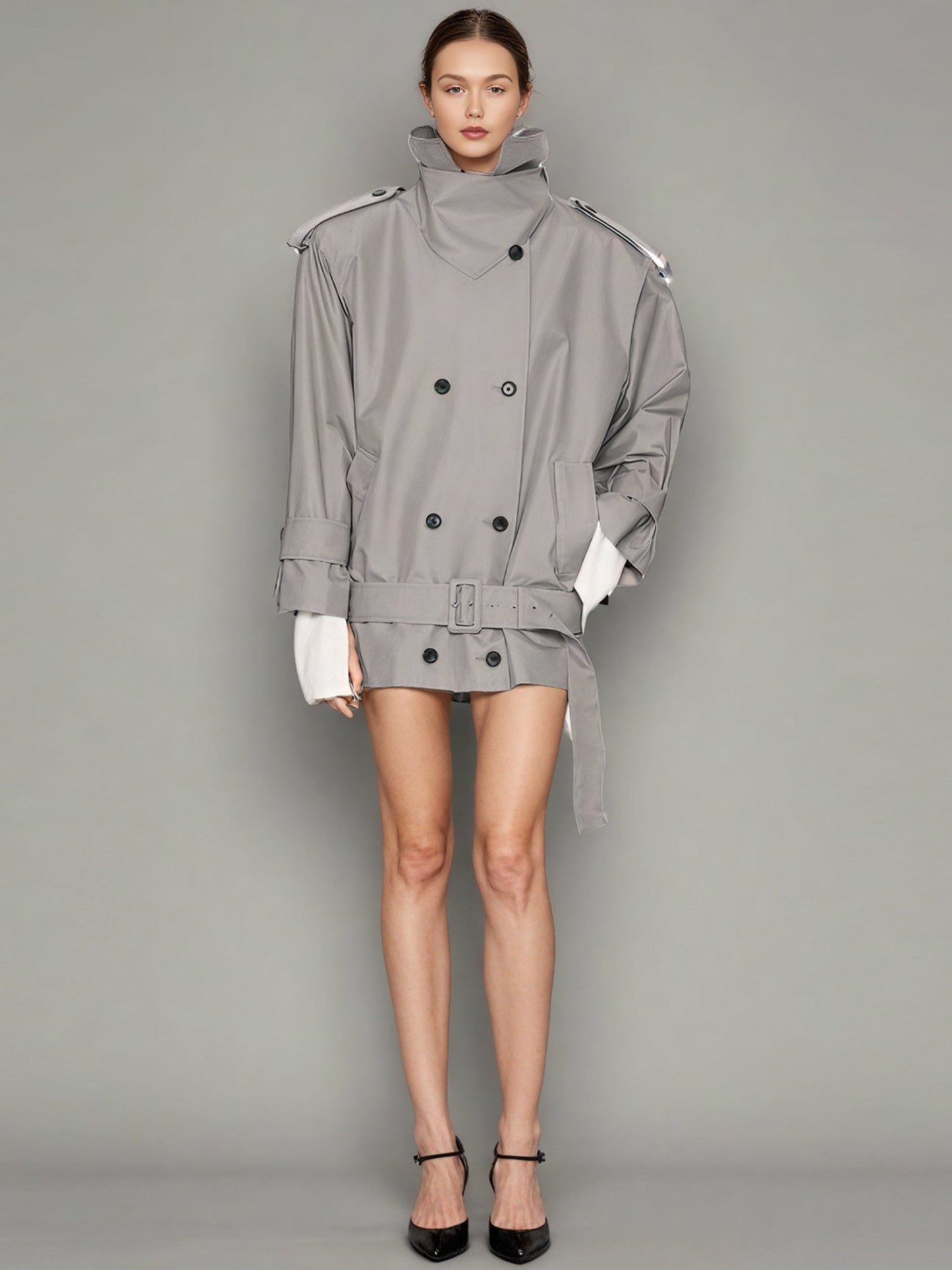 Modern Gray Double - Breasted Trench Coat with Belt - SISPELL