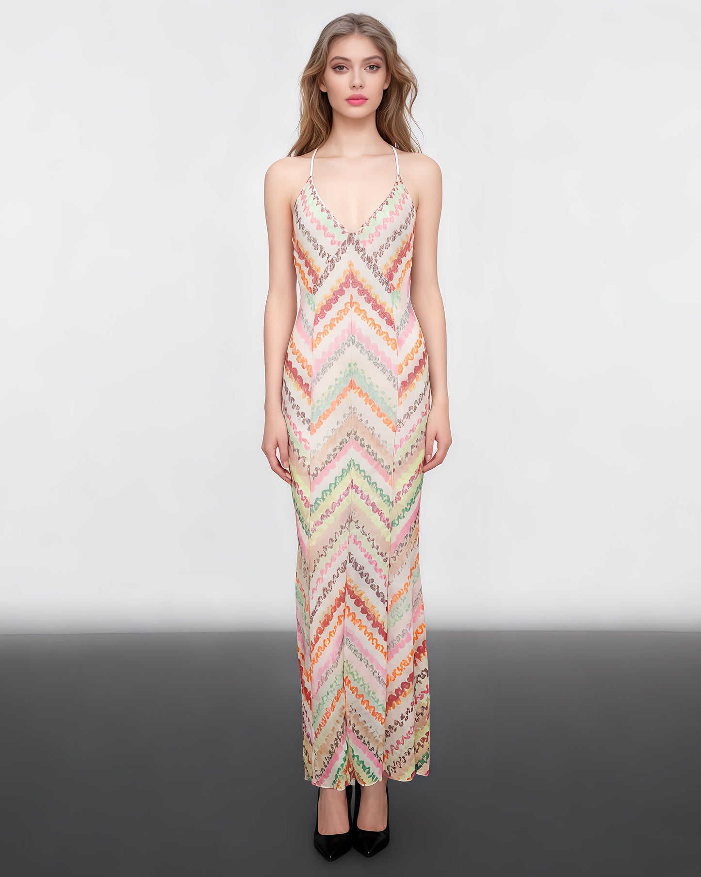 Multicolor Chevron Print Spaghetti Strap Maxi Dress - SISPELL
