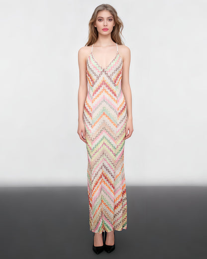 Multicolor Chevron Print Spaghetti Strap Maxi Dress - SISPELL