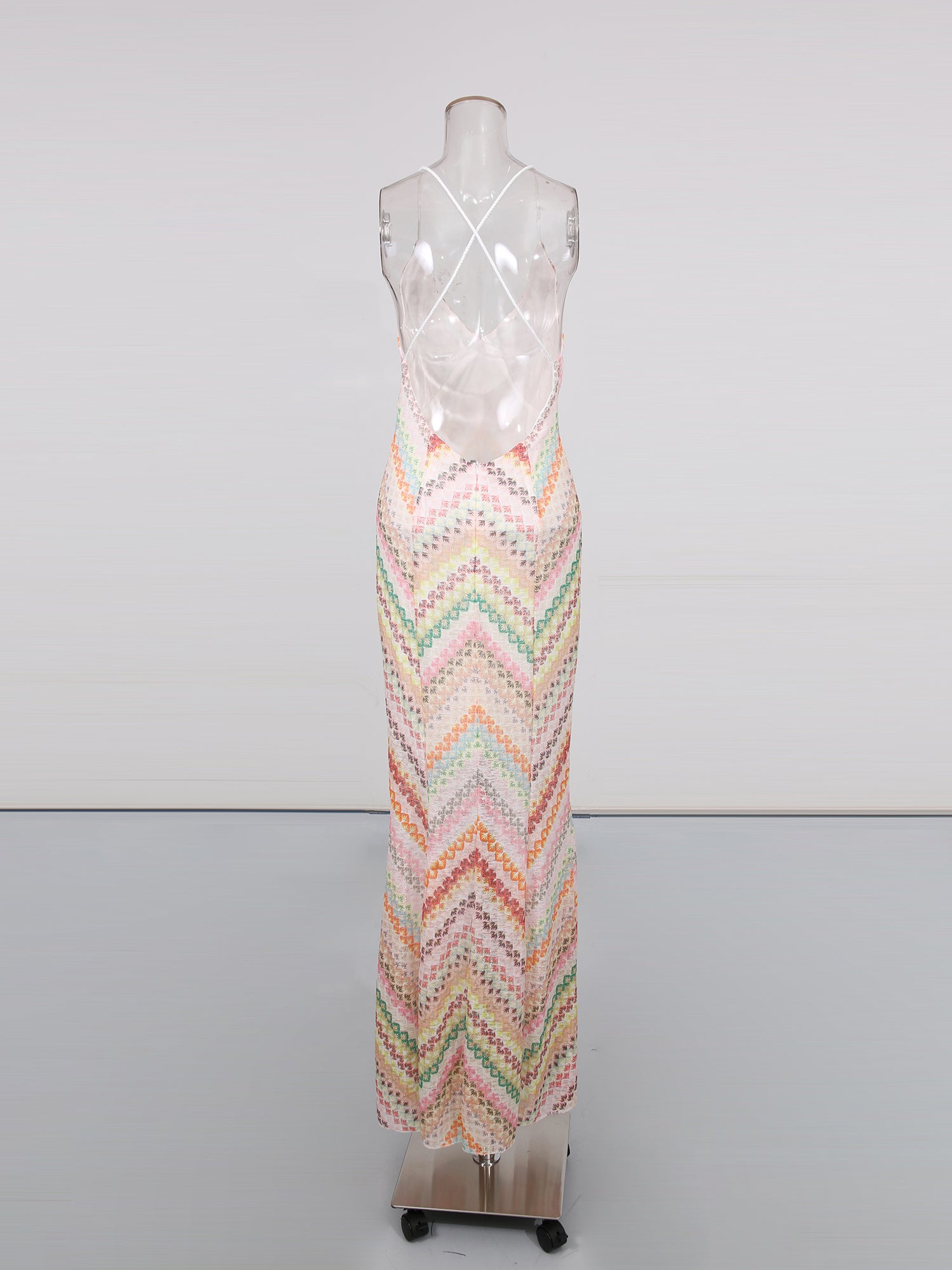 Multicolor Chevron Print Spaghetti Strap Maxi Dress - SISPELL