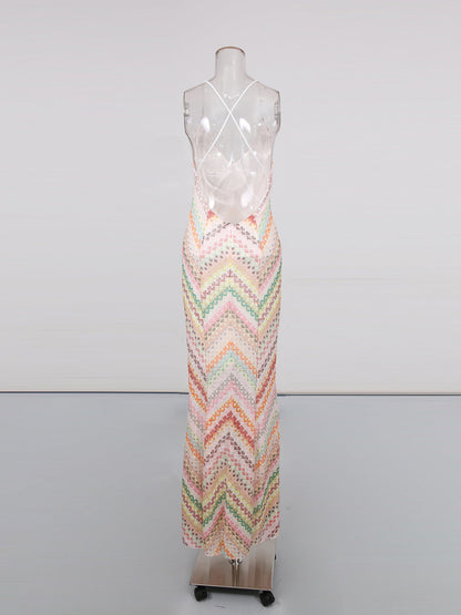 Multicolor Chevron Print Spaghetti Strap Maxi Dress - SISPELL