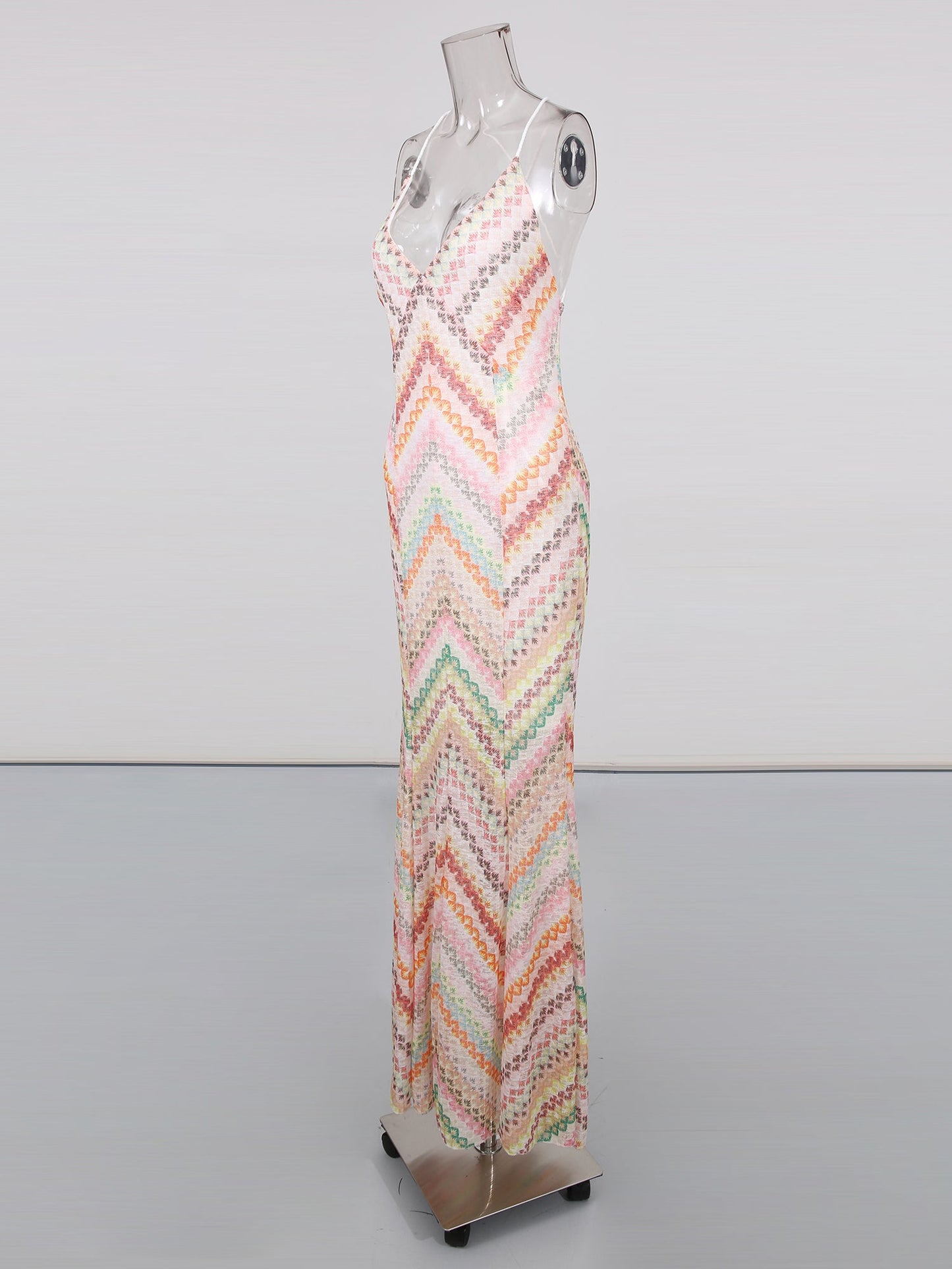 Multicolor Chevron Print Spaghetti Strap Maxi Dress - SISPELL