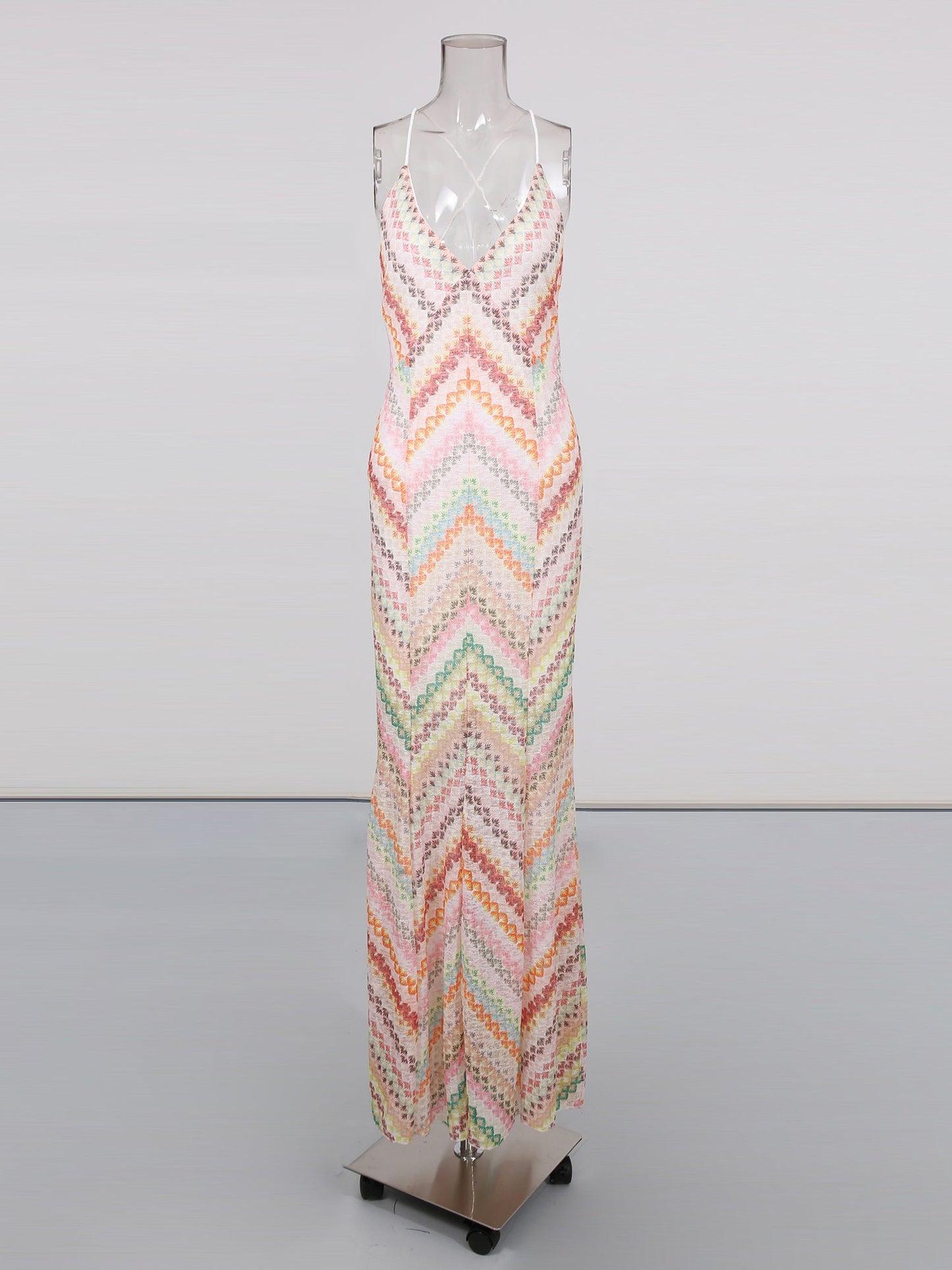 Multicolor Chevron Print Spaghetti Strap Maxi Dress - SISPELL