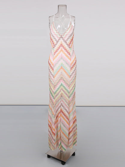 Multicolor Chevron Print Spaghetti Strap Maxi Dress - SISPELL