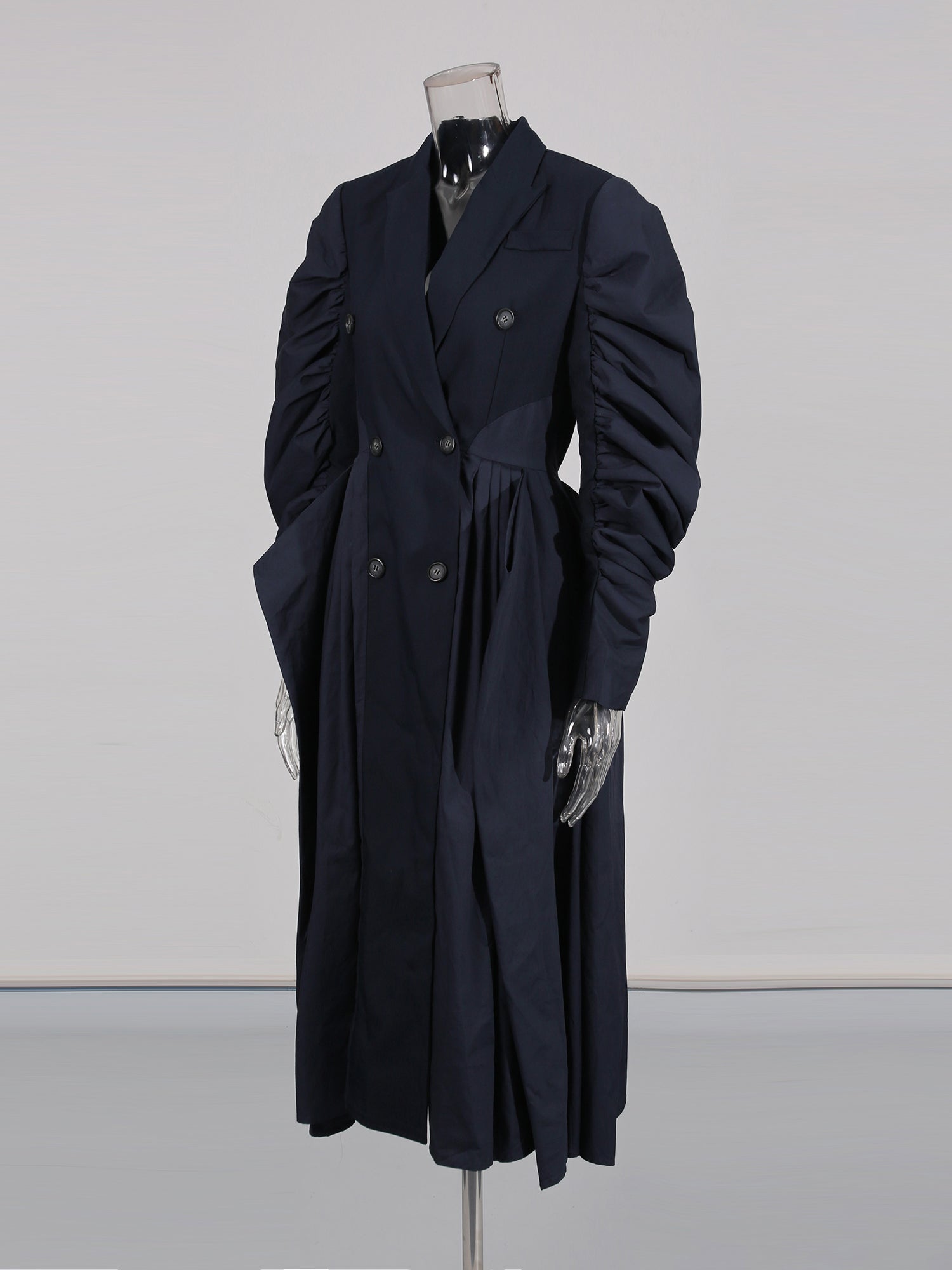 Navy Double - Breasted Trench Coat with Ruched Sleeves - SISPELL