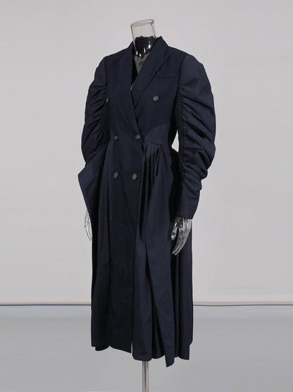 Navy Double - Breasted Trench Coat with Ruched Sleeves - SISPELL