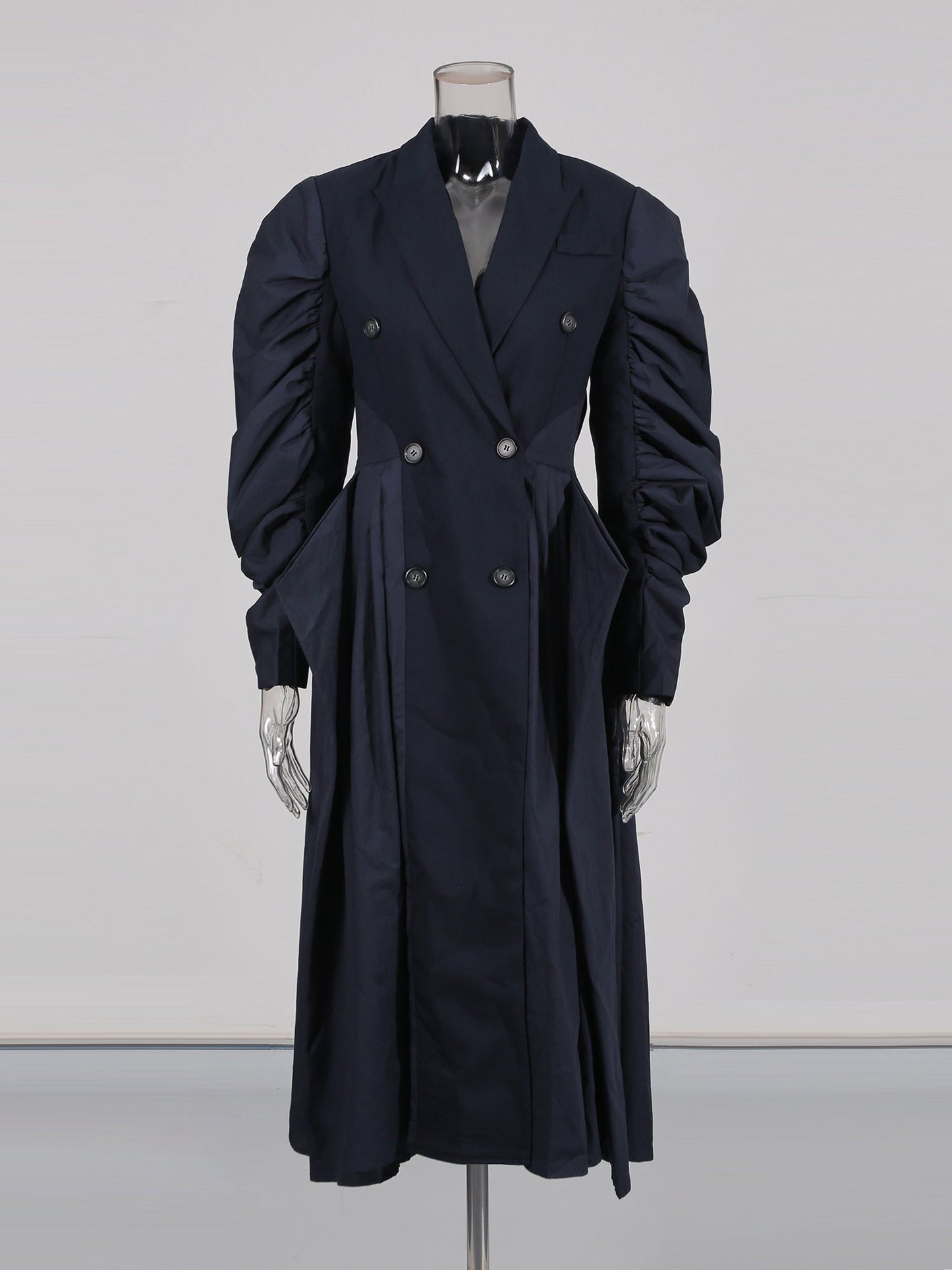 Navy Double - Breasted Trench Coat with Ruched Sleeves - SISPELL