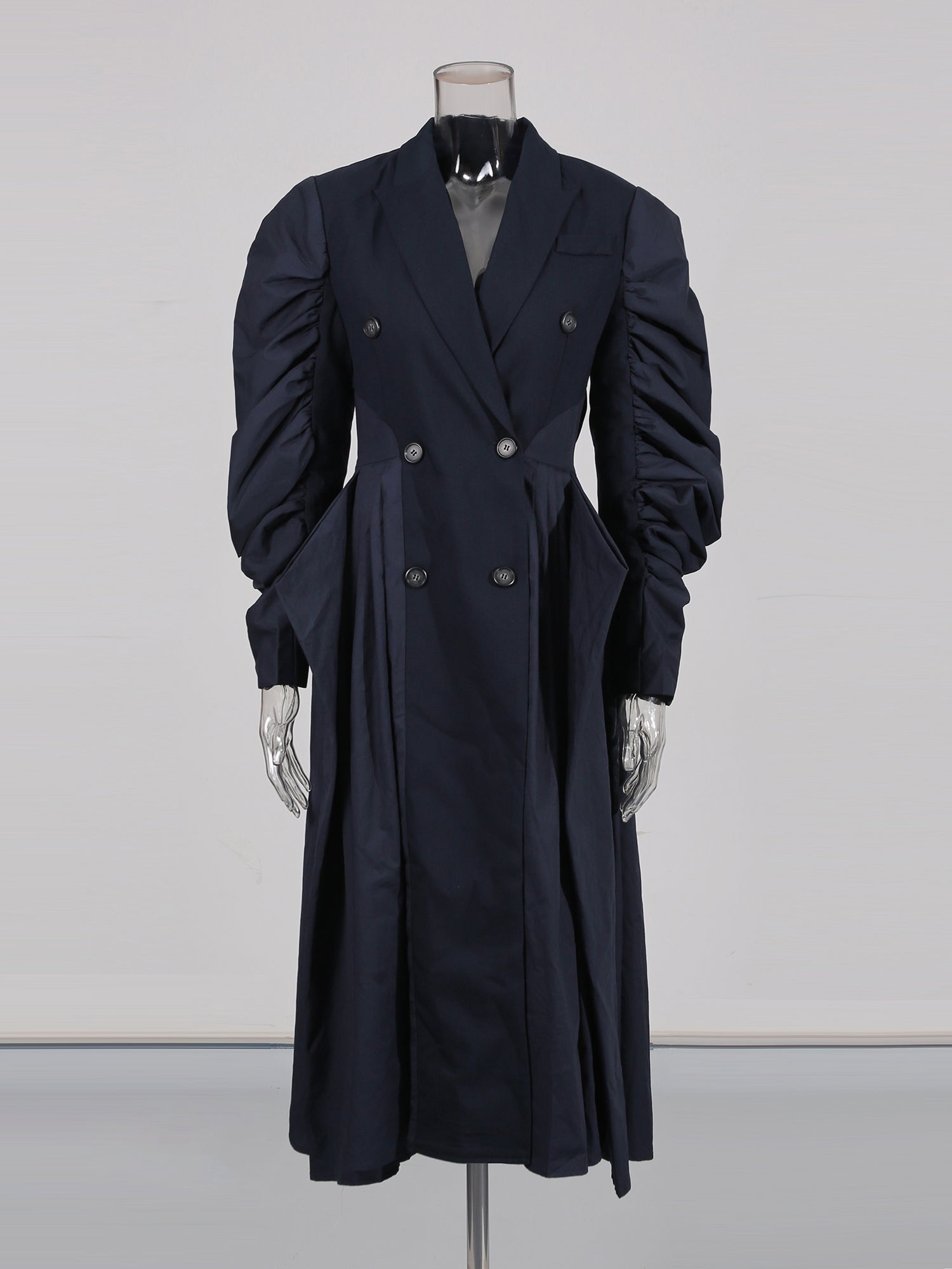 Navy Double - Breasted Trench Coat with Ruched Sleeves - SISPELL