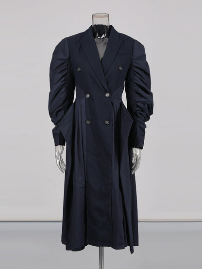 Navy Double - Breasted Trench Coat with Ruched Sleeves - SISPELL