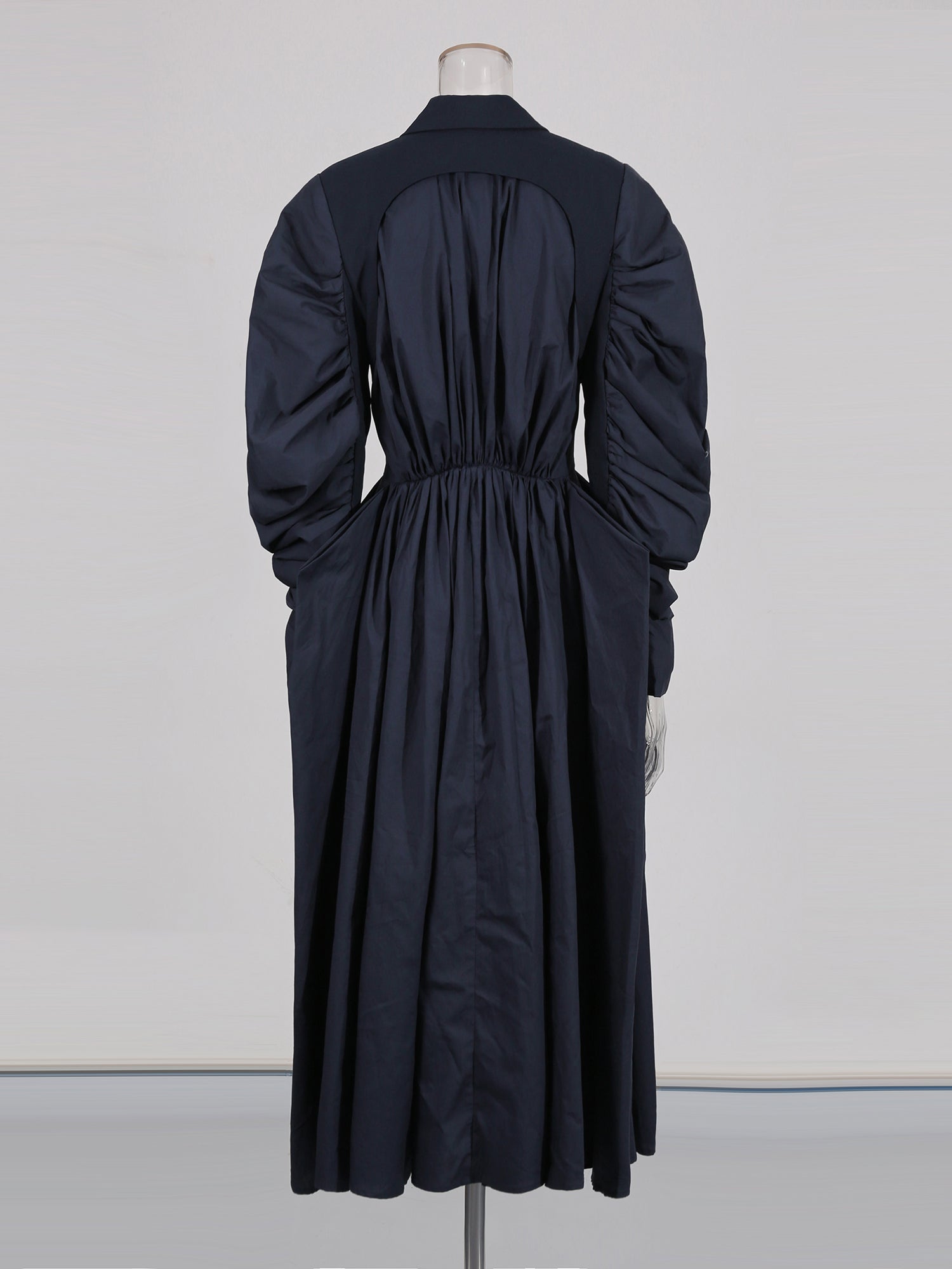 Navy Double - Breasted Trench Coat with Ruched Sleeves - SISPELL