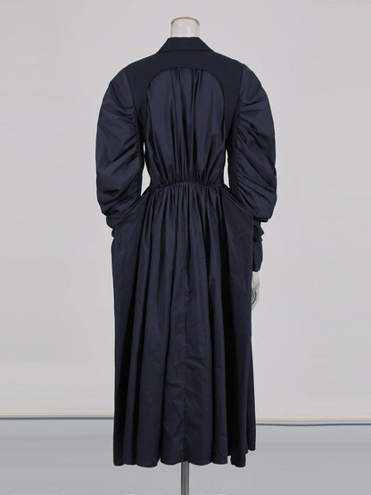 Navy Double - Breasted Trench Coat with Ruched Sleeves - SISPELL