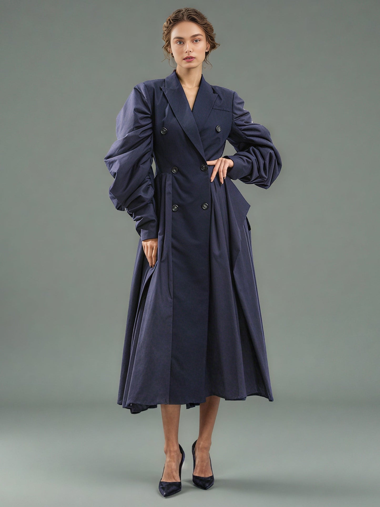 Navy Double - Breasted Trench Coat with Ruched Sleeves - SISPELL