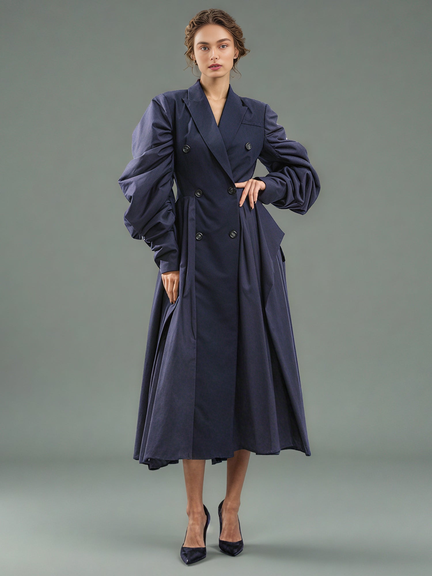 Navy Double - Breasted Trench Coat with Ruched Sleeves - SISPELL