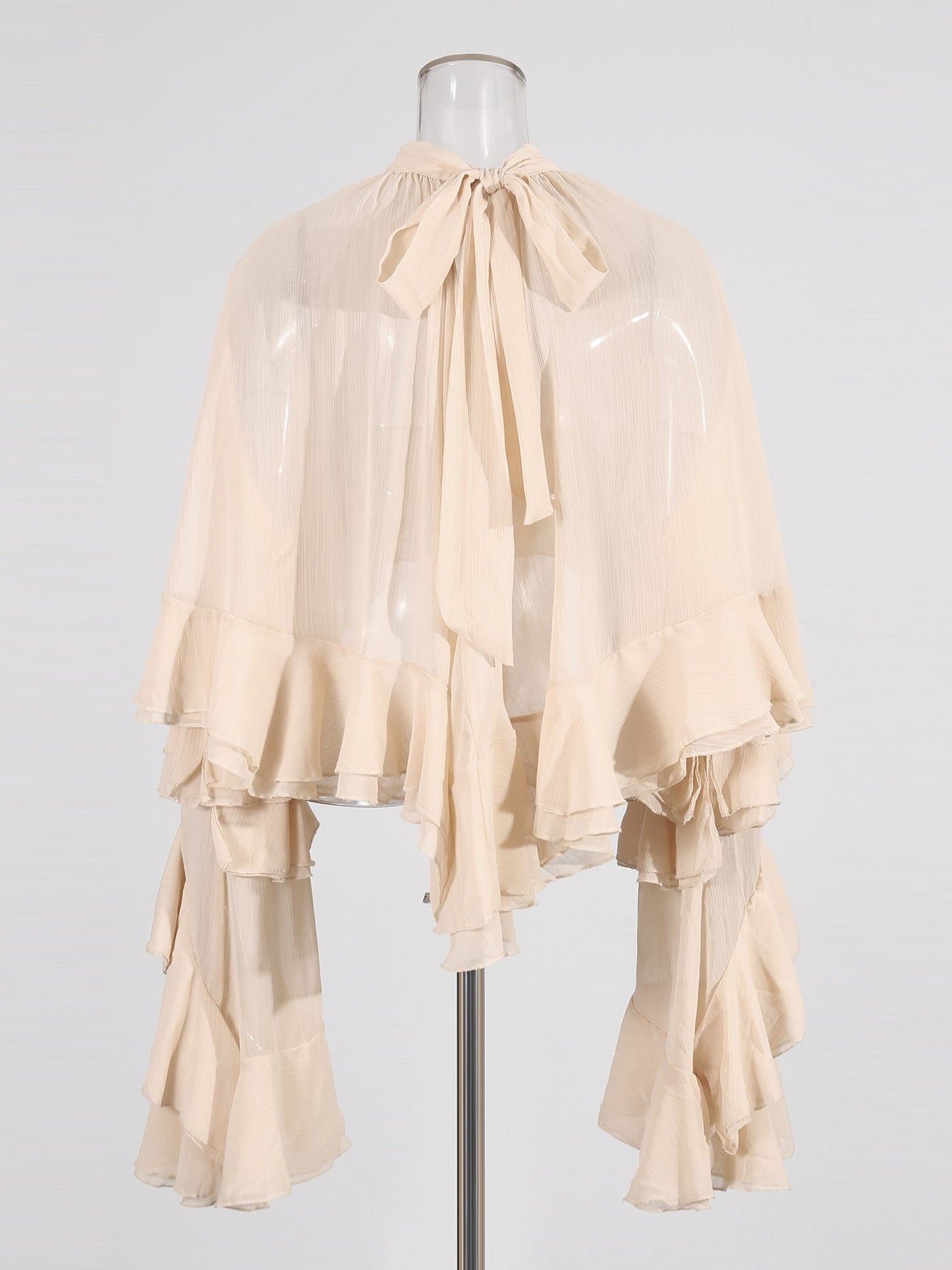 Nude Pink Ruffled Chiffon Blouse with Tiered Bell Sleeves - SISPELL