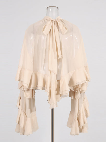 Nude Pink Ruffled Chiffon Blouse with Tiered Bell Sleeves - SISPELL