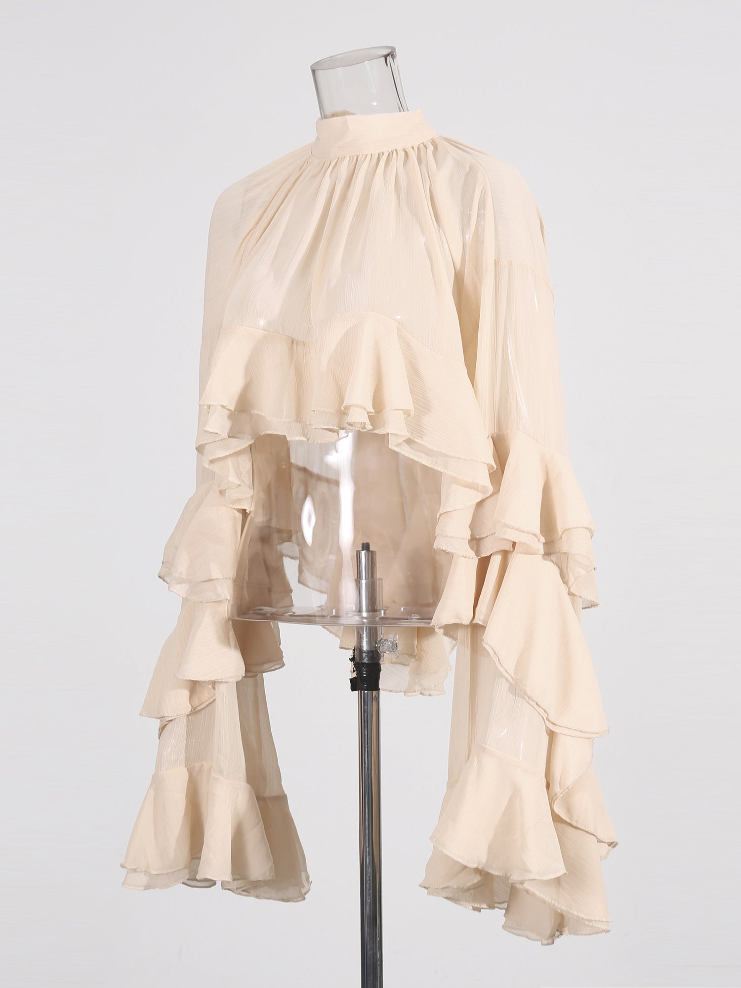 Nude Pink Ruffled Chiffon Blouse with Tiered Bell Sleeves - SISPELL