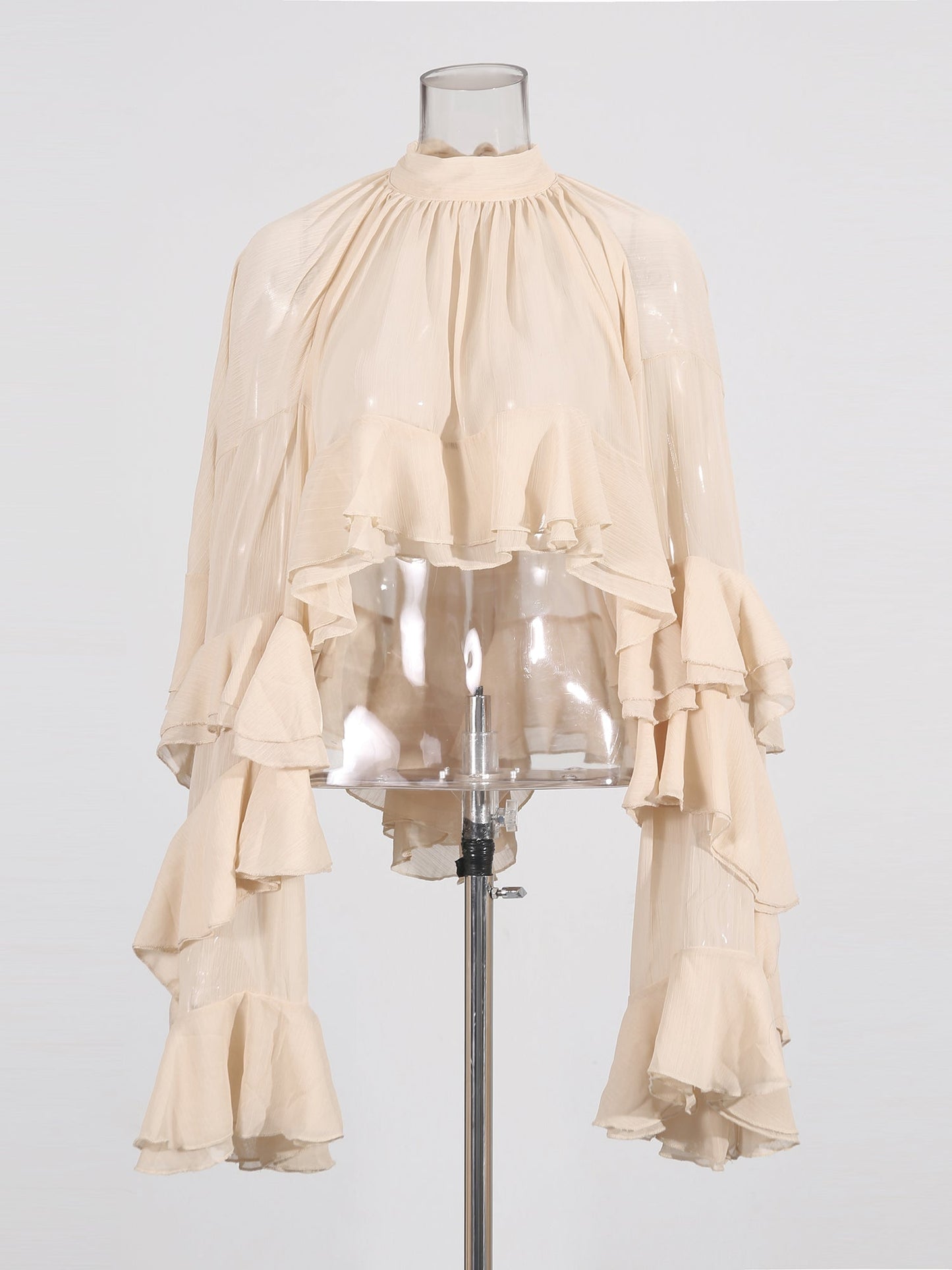 Nude Pink Ruffled Chiffon Blouse with Tiered Bell Sleeves - SISPELL
